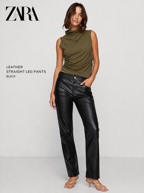 🌼ZARA🌼 Black Faux Leather Straight Leg Pants, Size 6